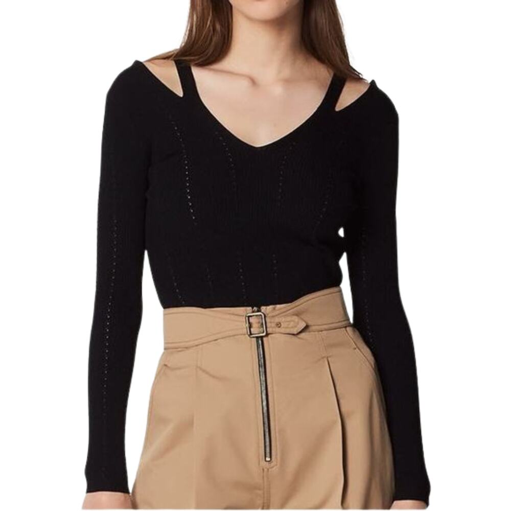 Sandro Nolwene Cut Out Shoulder Rib Knit Top Black V-Neck Long Sleeve Sz 1 Small